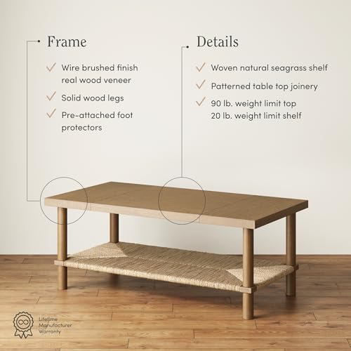 Nathan James Beacon Bohemian Coffee Table with Storage, 2-Tier Rectangle Coffee Table with Solid Wood Legs and Seagrass Shelf, Light Brown