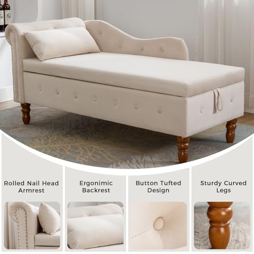 Velvet Chaise Lounge Indoor with Storage,Lounge Chair Sofa,Beige, view 6