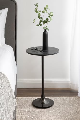 Baronet Glam Marble Round Side Table; 14 x 14 x 24; Black Marble and Gray Gunmetal; Marble Top Circle End Table for Use as a Bedroom Nightstand or Living Room Plant Stand Option