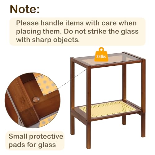 2-Tier Bamboo Side Table, Modern Glasstop Rattan Side Table, Mid Century Wood Sofa-Side End Tables for Living Room, Bedroom Night Stand with Storage, Small Narrow Coffee Tables, Walnut