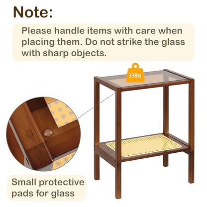 2-Tier Bamboo Side Table, Modern Glasstop Rattan Side Table, Mid Century Wood Sofa-Side End Tables for Living Room, Bedroom Night Stand with Storage, Small Narrow Coffee Tables, Walnut