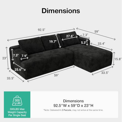 L-Shape Sectional Couches for Living Room with Smarts Coil® Support, 3 Seater Sectional Sofas for Living Room Bedroom, Corduroy Cloud Couch Sectional, No Assembly(Black, Right Hand Facing)