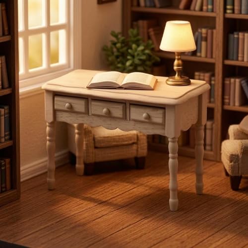 Miniature Desk Table Dollhouse Accessories Wood Furniture with Drawers Handcrafted Detailing Classic Look Suitable for Home Decoration Mini World Play 11.8cmx4.7cmx7.1cm