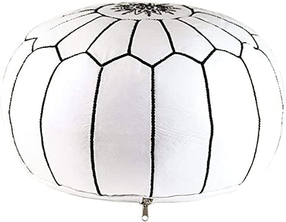Premium Moroccan Leather Pouf Cover - Round & Large Ottoman Footstool Cover with Embroidery - Cover ONLY - Perfect for The Living Room Bedroom, Kids Room, Gift & Wedding (White By Black)