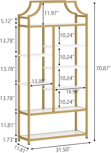 Lux Etagere 8-Tier Open Shelf Bookcase – 70.87" H x 31.5" L, Modern Metal Frame with Gold Finish & White Shelves, Tall Storage Display for Bedroom, Home Office & Living Room (Gold)