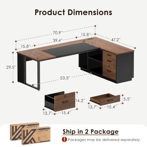 Executive 71 Inch L Shaped Desk with File Cabinet, Walnut+Black, view 3