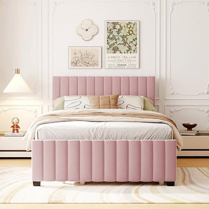 JIVOIT Velvet Fabric Upholstered Platform Bed, Full Size Platform Bed with Twin Size Trundle, Upholstered Headboard and Wood Slats Support for Teens (Pink/Full,486)