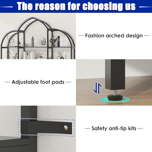 Triple Wide 5 Tier Tall Arched Bookshelf and Bookcase with 3 Cabinets, Industrial Metal Etagere Open Bookshelf, Wood Standing Book Shelf with Black Metal Frame for Bedroom Living Room