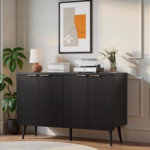 47.2" Modern Fluted Sideboard Cabinet with 4 Doors, Wood Storage Credenza with Shelves, Multi-Purpose Buffet Cabinet for Entryway, Dining & Living Room, Black