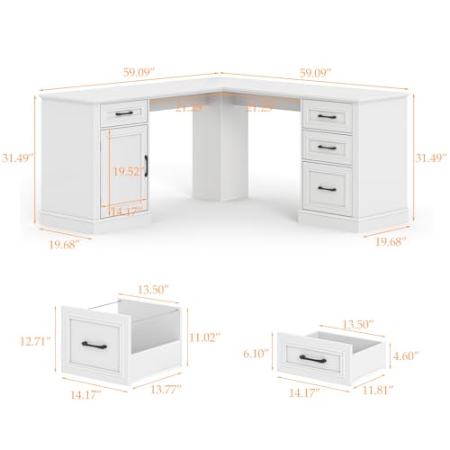 Farmhouse 59" L-Shaped Executive Desk with Drawers, Cream White, view 3