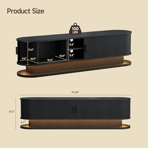 70" TV Stand up to 80 Inch with LED Lights and Power Outlet, Black, view 3