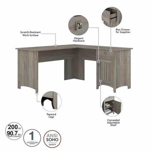 Salinas L Shaped Desk with Hutch in Driftwood Gray | Corner Table with Drawers and Storage for Home Office