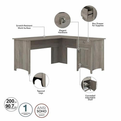 Salinas L Shaped Desk with Hutch in Driftwood Gray | Corner Table with Drawers and Storage for Home Office