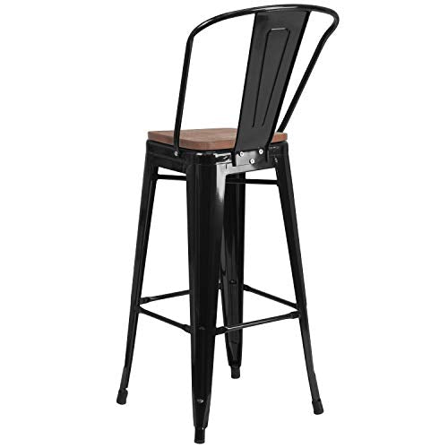 Lily 30" High Black Metal Barstool with Vertical Slat Back and Wood Seat
