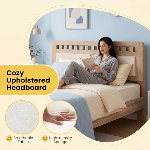 Queen Wood Bed Frame with Upholstered Headboard, view 5