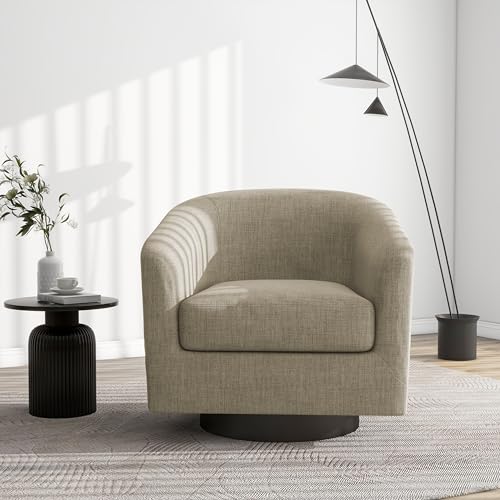 Swivel Barrel Accent Chair, Modern Round Linen Arm Chair for Living Room, Bedroom, Comfy Club Reading Chairs for Adults（Linen Fabric, Light Brown, Set of 2