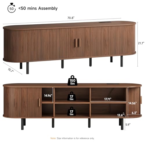 70.8" TV Stand with Power Outlet & Storage for TVs up to 75” Walnut, view 3