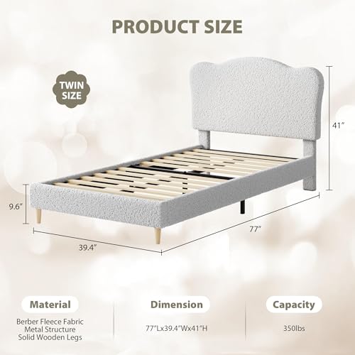 Upholstered Twin Size Bed Frame with Scallop Headboard, Cute Velvet Twin Bed for Girls or Boys, Sturdy Platform Bed with Wooden Slats, No Box Spring Needed, Grey