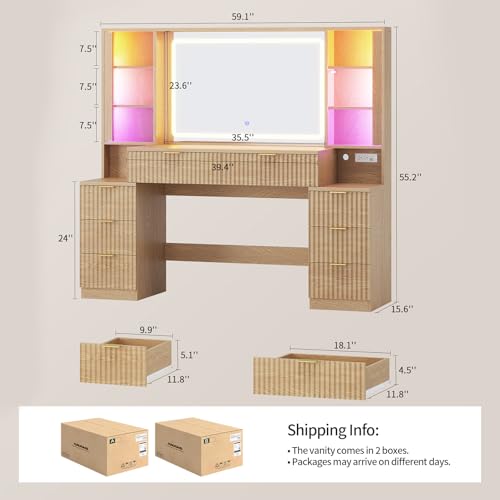 Big Vanity, Fluted Wood Makeup Vanity with Mirror Lights, Oak Vanity Desk, view 3