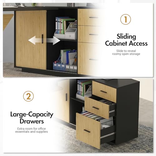74.4" L-Shaped Executive Desk, Large Office Desk with Drawers, Balck+Wood, view 7