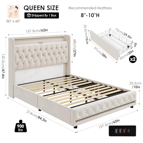 Upholstered Queen LED Bed Frame w/Storage & Charging Headboard, Beige, view 3