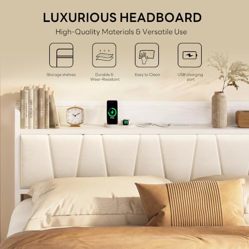King Bed Frame with Storage Headboard and Charging Station, view 4