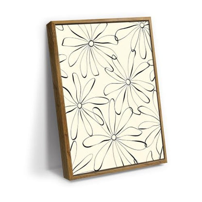 Black Line Daisy Flower Pattern Wall Art Canvas Print, minimal floral line art artwork in black and cream for bedroom, bedroom, office, apartment, modern farmhouse, and(20x30Inch,Light Oak Framed