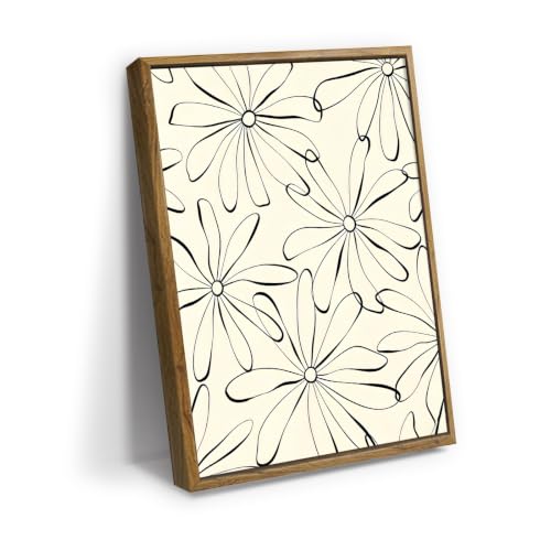 Black Line Daisy Flower Pattern Wall Art Canvas Print, minimal floral line art artwork in black and cream for bedroom, bedroom, office, apartment, modern farmhouse, and(16x24Inch,Light Oak Framed