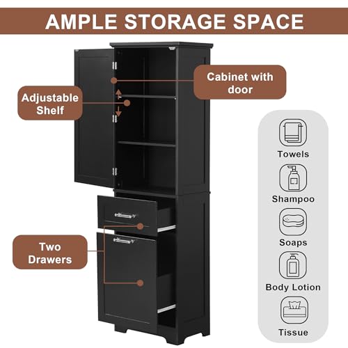 68 Inch Bathroom Storage Cabinet with Adjustable Shelf, Black | Black MDF, bathroom or office, painted finish, adjustable shelf, enclosed cabinet, anti-tip hardware, 68.4 in H