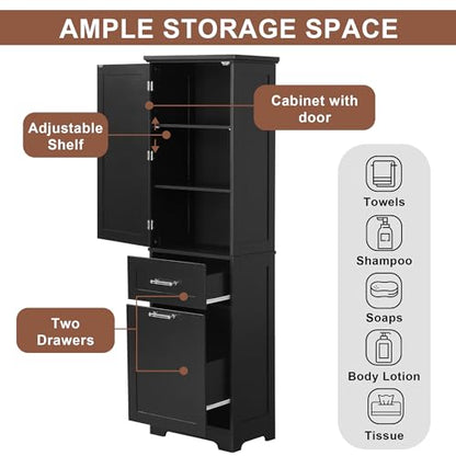 68 Inch Bathroom Storage Cabinet with Adjustable Shelf, Black | Black MDF, bathroom or office, painted finish, adjustable shelf, enclosed cabinet, anti-tip hardware, 68.4 in H