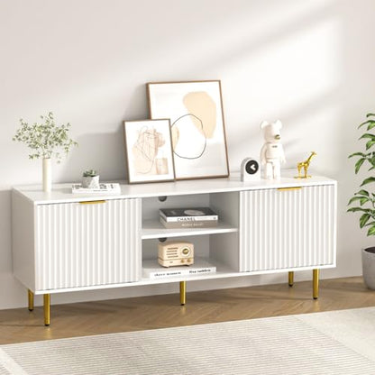 58'' Fluted TV Stand, Mid-Century Modern TV Console for 65/70/75 Inch TV, Wood Entertainment Center with Storage, Sliding Doors, Adjustable Shelves and Media Console for Living Room, Bedroom, White
