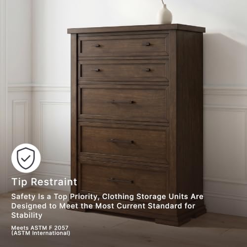 Signature Design by Ashley Taffenbrook Farmhouse Chest of Drawers, 58-Inch Tall Dresser for Bedroom, Hardwood Solids, Mango Wood Veneer, and MDF Substrate, Medium Brown
