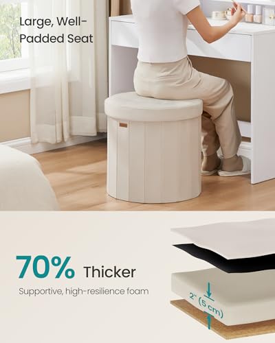 SONGMICS Mazie Collection - Round Storage Ottoman, Folding Footrest Stool with Removable Lid, Easy Assembly, Velvet Vanity Stool for Bedroom, Living Room, Entryway, Cappuccino Beige ULSF608L01