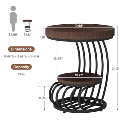 Tribesigns Round End Table, 2-Tier Farmhose Wood Side Table with Shelf Storage, Small Sofa Side Bedside Nightstand, Arc-Shaped Frame Accent Furniture for Living Room, Rustic Brown