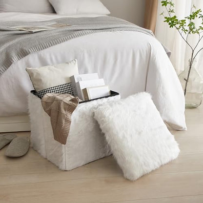 Mongolian Fur Collapsible Storage Ottoman 15 Inch Square Soft White Modern Multipurpose Footrest Bench Living Room Furniture Accent Décor