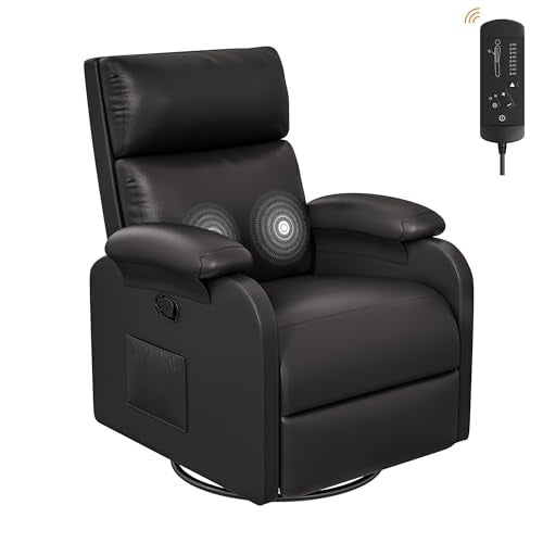 Recliner Chair, 360 Swivel Rocking Chair for Adults, Massage Nursery Chair with Adjustable Backrest and Footrest, PU Leather Glider Rocker Recliners with Side Pocket for Living Room (Black)
