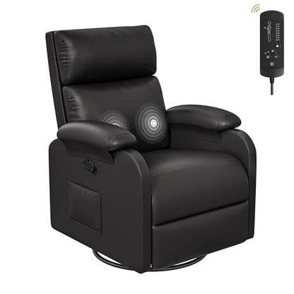 Recliner Chair, 360 Swivel Rocking Chair for Adults, Massage Nursery Chair with Adjustable Backrest and Footrest, PU Leather Glider Rocker Recliners with Side Pocket for Living Room (Black)