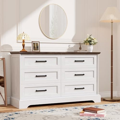 Dresser for Bedroom, Farmhouse 6 Drawers Dressers, White and Brown, view 6