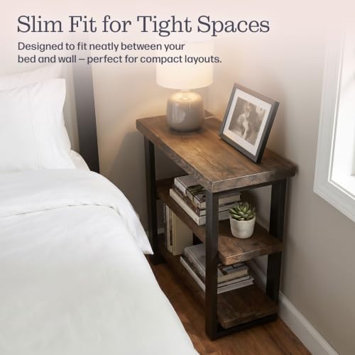 Pomona Solid Wood 3-Tier End Table, Rustic Brown, 20” | Small Side Table or Nightstand with Storage Shelf and Metal Legs, Rustic Farmhouse Chair Side Table for Living Room & Bedroom