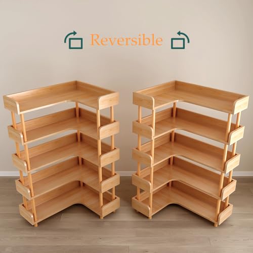 5-Tier Reversible Corner Bookshelf, L-Shaped Shelf, Oak, view 5