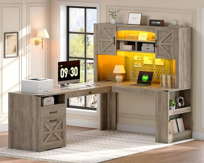 67'' L Shaped Executive Desk with Hutch, Farmhouse Corner Computer Desk with File Drawer, Wooden Office Desk with Storage Shelves and LED Lights for Home Office, Grey