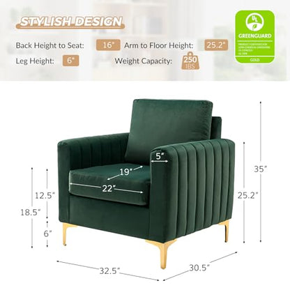 Velvet Accent Club Chair, Modern Velvet Armchair Upholstered Accent Club Sofa Chair with Gold Metal Legs Mid-Century Barrel Leisure Comfy Reading Armchair, Green