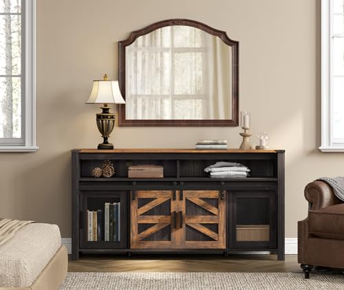 Farmhouse Entertainment Center for 65 Inch TVs, 59" Barn Door TV Stand with Sliding Barn Doors & Mesh Accents, Adjustable Farmhouse TV Stand with Storage for Living Room, Dark Walnut and Black