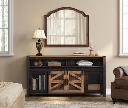 Farmhouse Entertainment Center for 65 Inch TVs, 59" Barn Door TV Stand with Sliding Barn Doors & Mesh Accents, Adjustable Farmhouse TV Stand with Storage for Living Room, Dark Walnut and Black