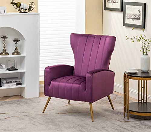 Modern Velvet Accent Chair, Channel Tufted Bedroom, Office or Living Room Furniture with Elegant Metal Legs, 26" Wide Armchair, Purple