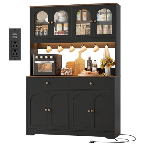 71" LED Kitchen Pantry Cabinet with Power Outlet, Tall Hutch, Black, view 2