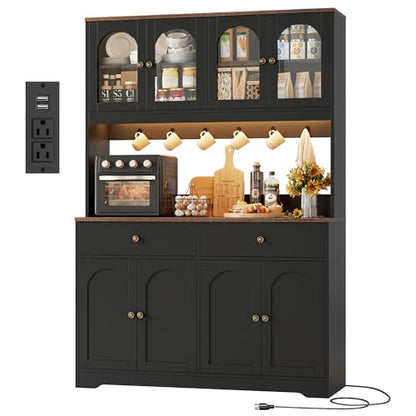 71" LED Kitchen Pantry Cabinet with Power Outlet, Tall Hutch, Black, view 2