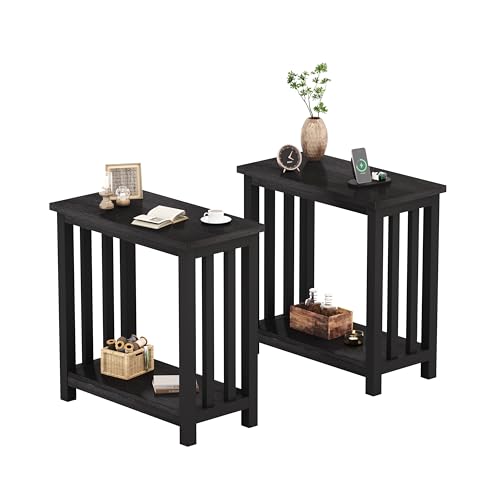 Mission End Tables Set of 2, Narrow Side Tables for Small Spaces, Night Stands with Storage Shelf for Living Room and Bedroom, Black