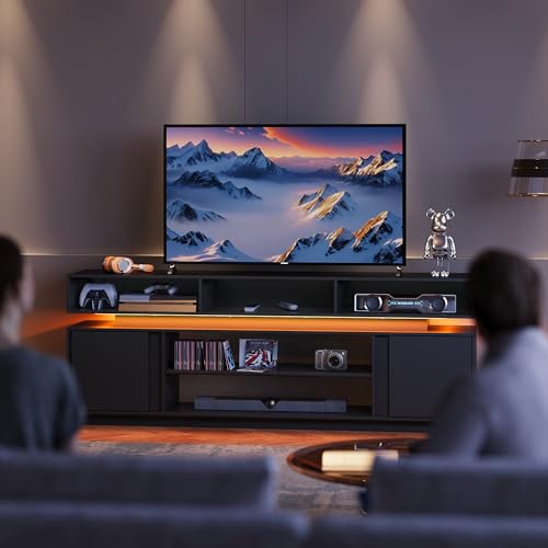 Modern TV Stand for 75 Inch TV, 2 Tier Entertainment Center with RGB LED Lights & Storage Cabinets, Media TV Console Gaming Television Stands for Living Room, Bedroom, Black