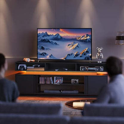 Modern TV Stand for 75 Inch TV, 2 Tier Entertainment Center with RGB LED Lights & Storage Cabinets, Media TV Console Gaming Television Stands for Living Room, Bedroom, Black